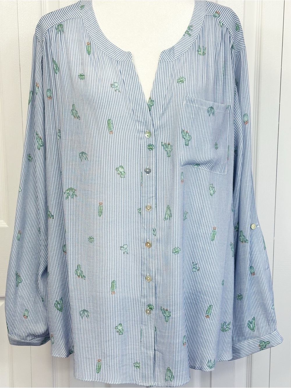 NWT Zac & Rachel Blue Pinstripe Western Cactus Print Button Up Shirt 3X